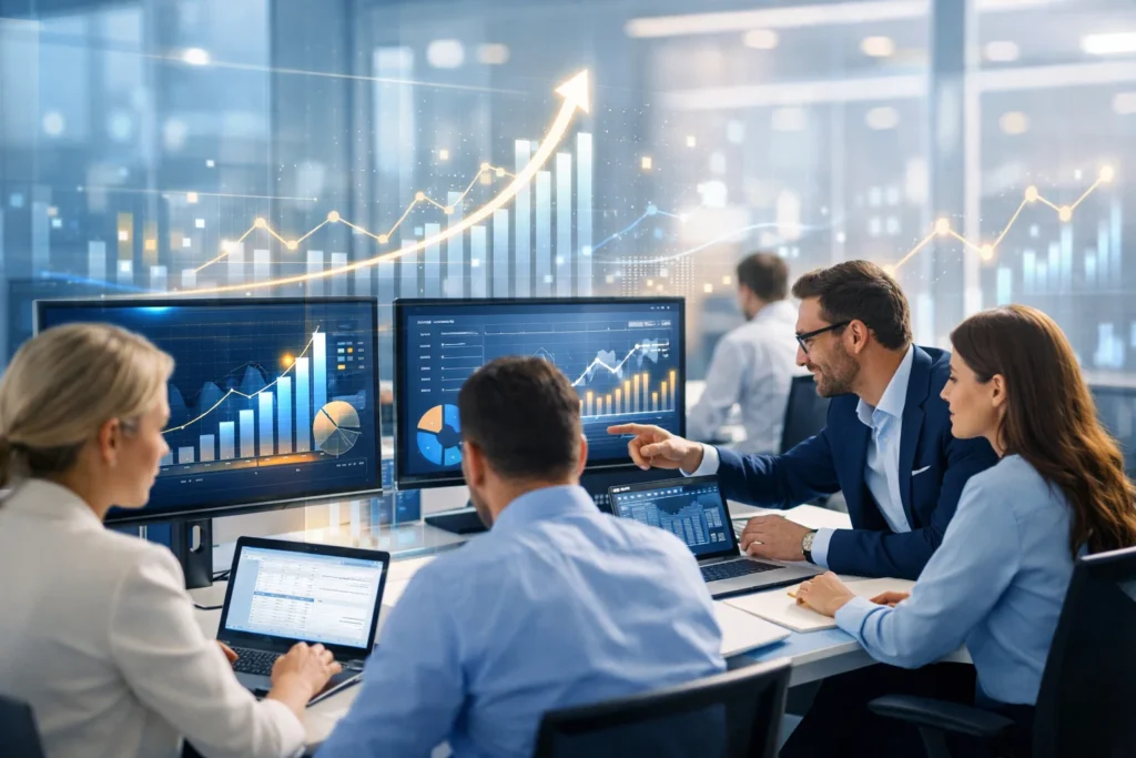 Accounting tax SEO performance review showing analytics dashboards and business growth indicators.
