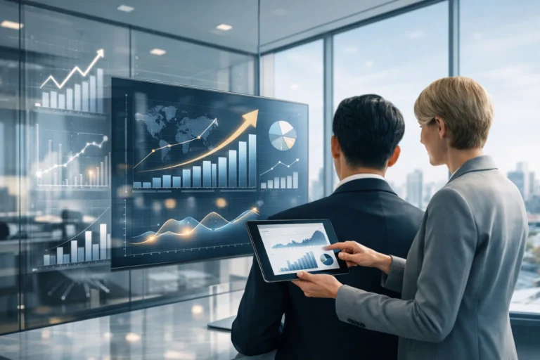 Global CFD forex SEO growth analysis displayed on digital dashboards with rising organic performance charts.