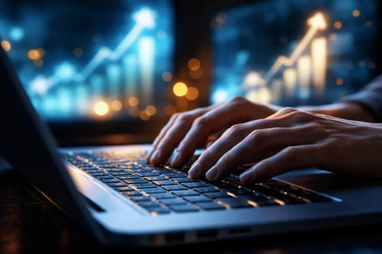 SEO data analysis and keyword research performed on a laptop with visible growth charts.