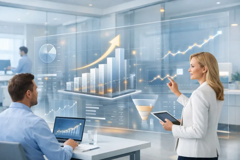 Business professionals analyzing data and growth trends using interactive dashboards in an office.