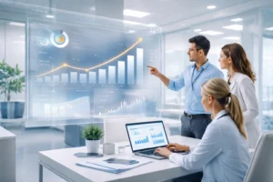 Healthcare professionals analyzing performance and growth data in a modern office environment.